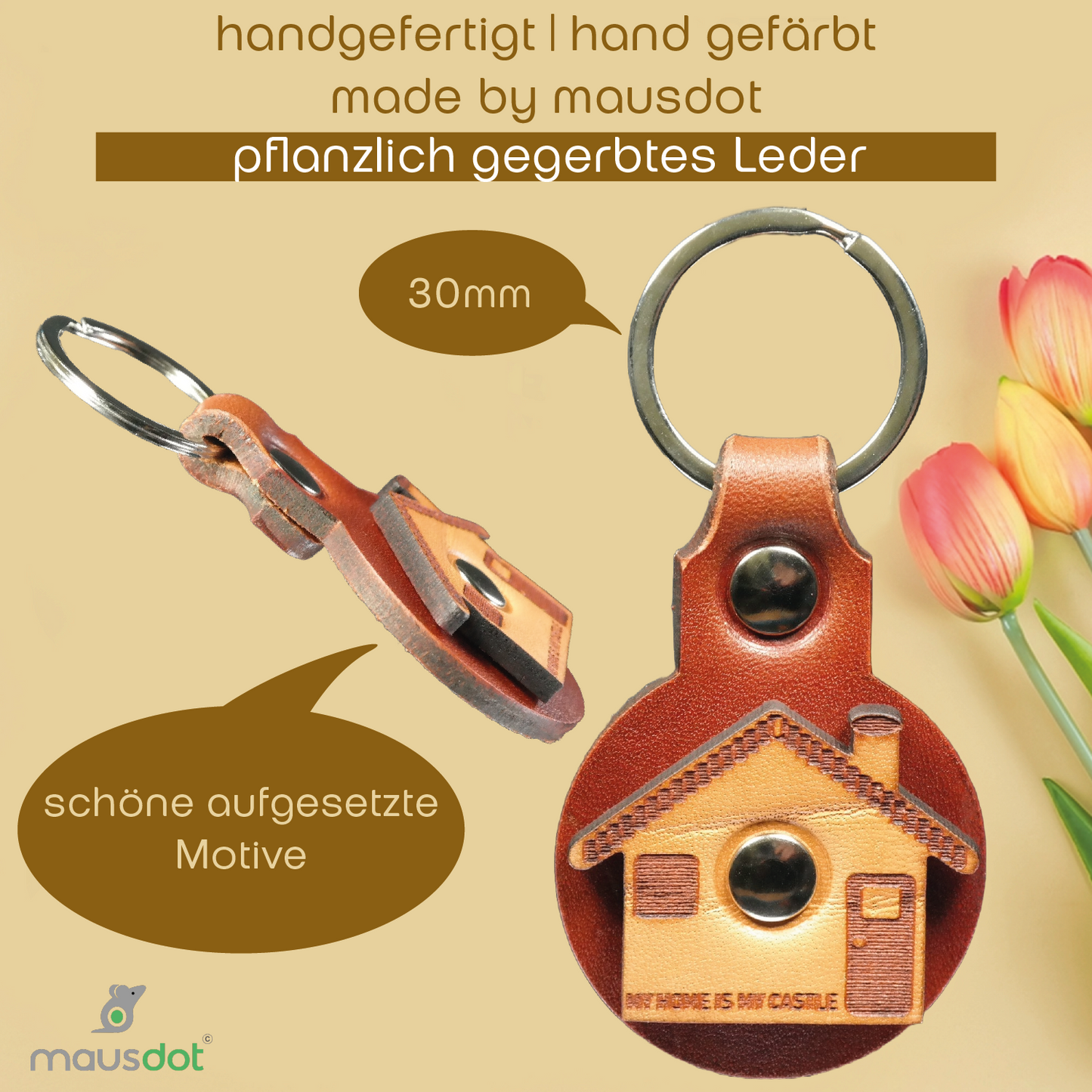 Schlüsselanhänger Leder - Haus (braun beige)