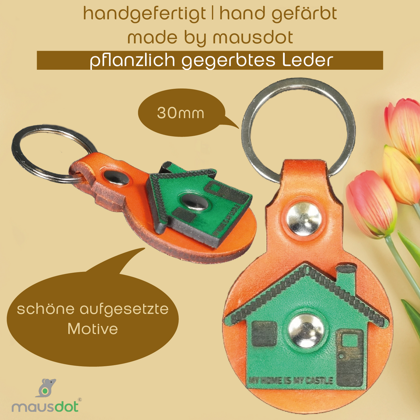 Schlüsselanhänger Leder - Haus (orange grün)
