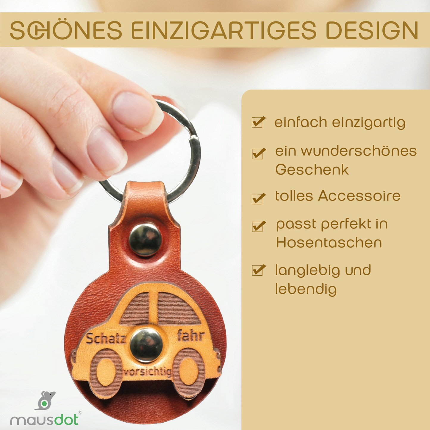 Schlüsselanhänger Leder - Auto (braun beige)