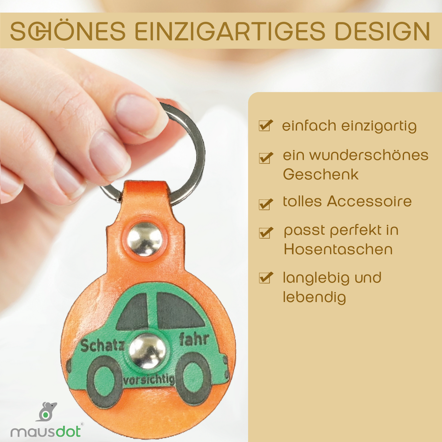 Schlüsselanhänger Leder - Auto (orange grün)