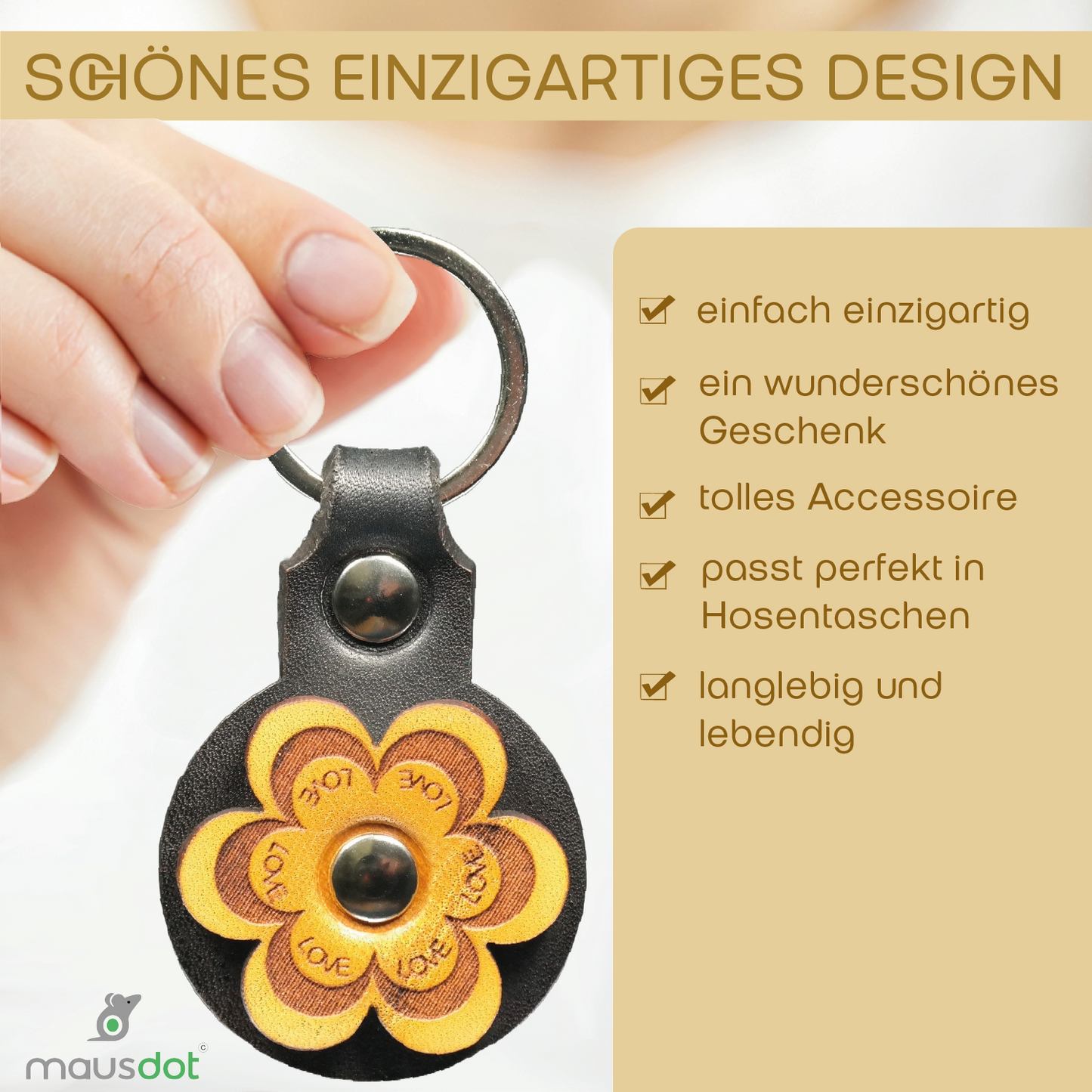 Schlüsselanhänger Leder - Blume (schwarz gelb)