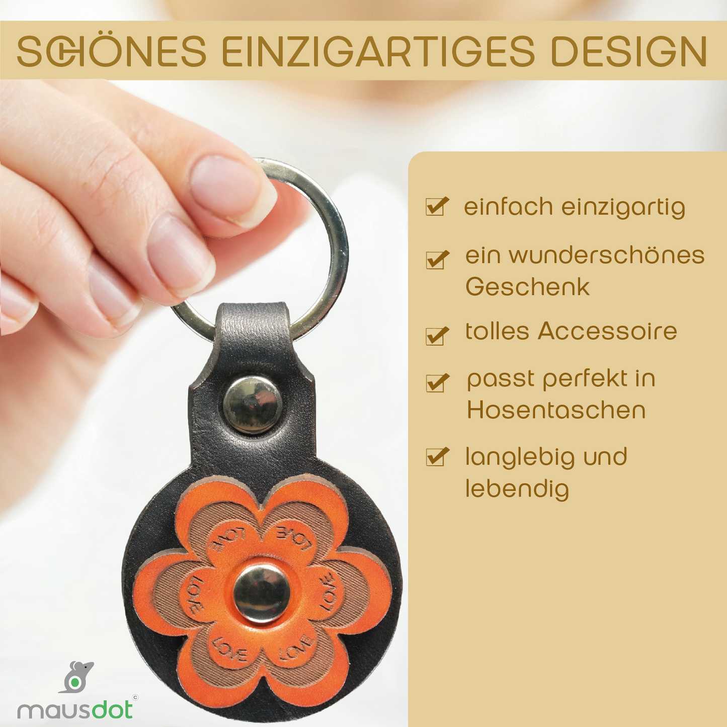 Schlüsselanhänger Leder - Blume (schwarz orange)