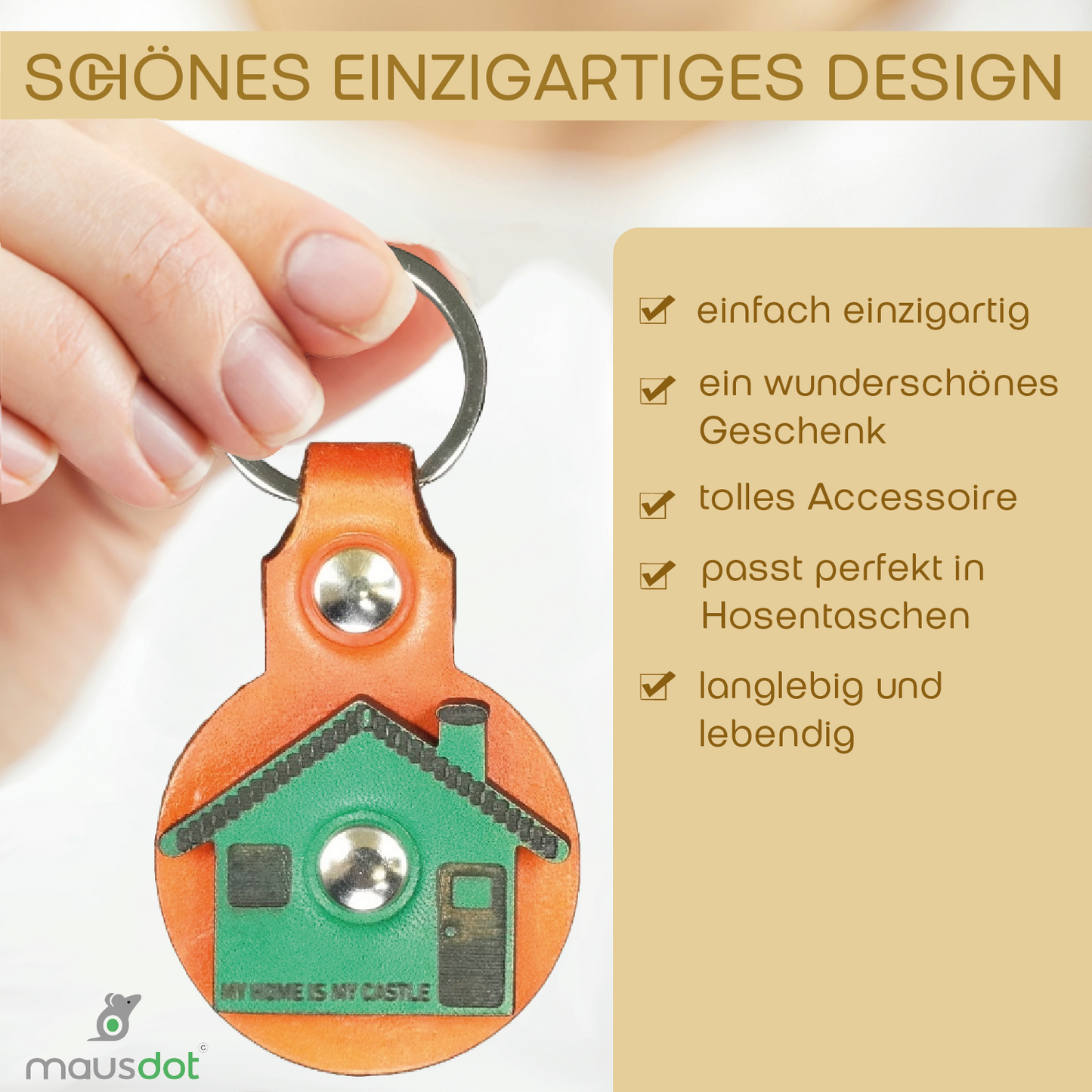 Schlüsselanhänger Leder - Haus (orange grün)