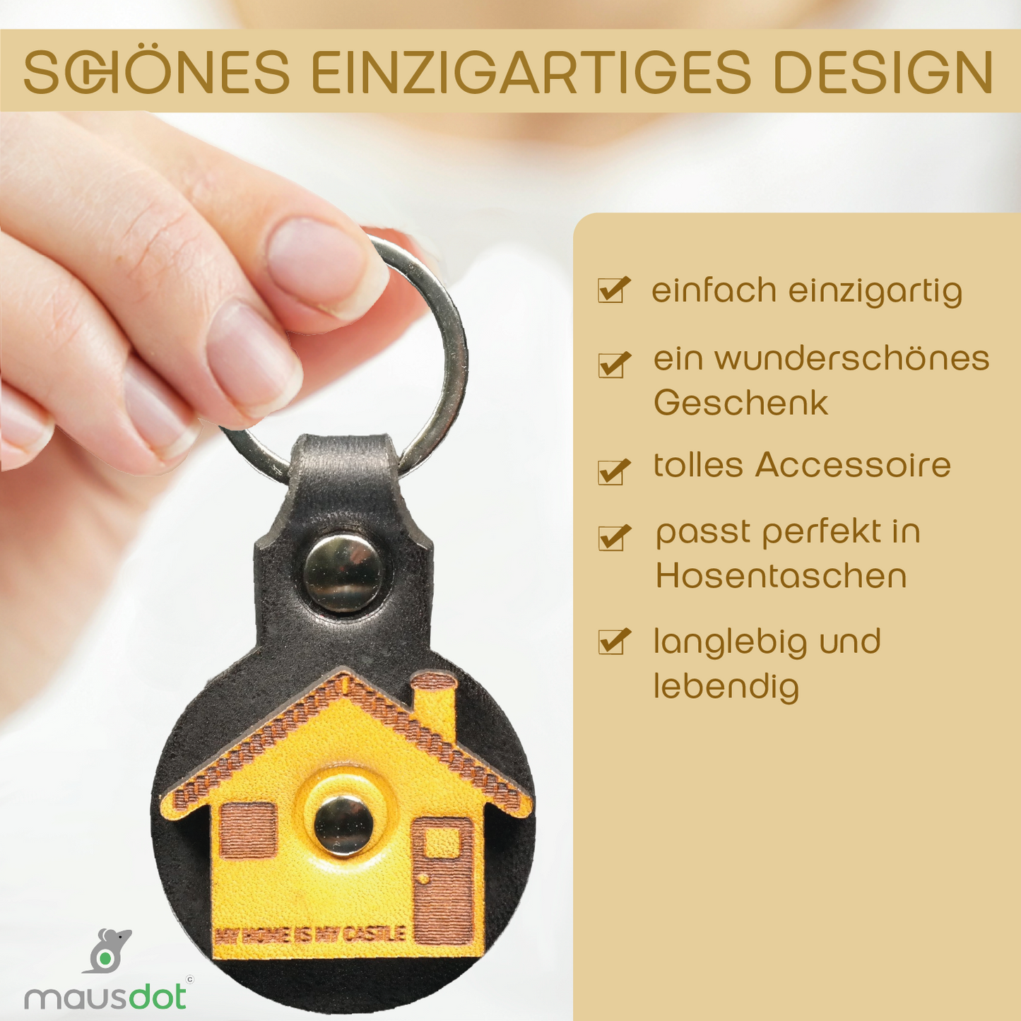 Schlüsselanhänger Leder - Haus (schwarz gelb)