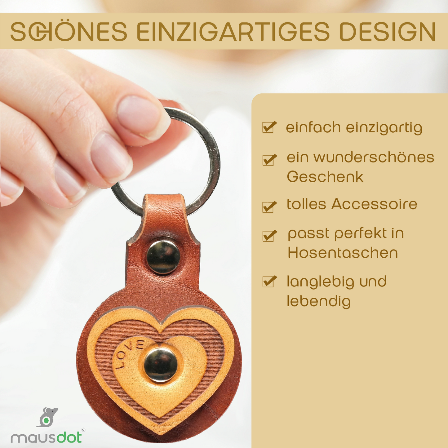 Schlüsselanhänger Leder - Herz (braun beige)