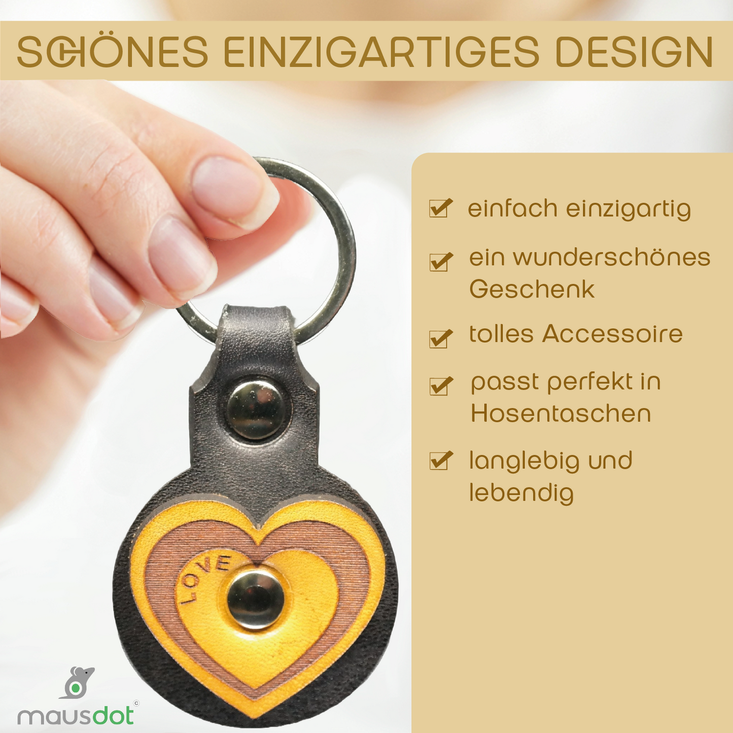 Schlüsselanhänger Leder - Herz (schwarz gelb)