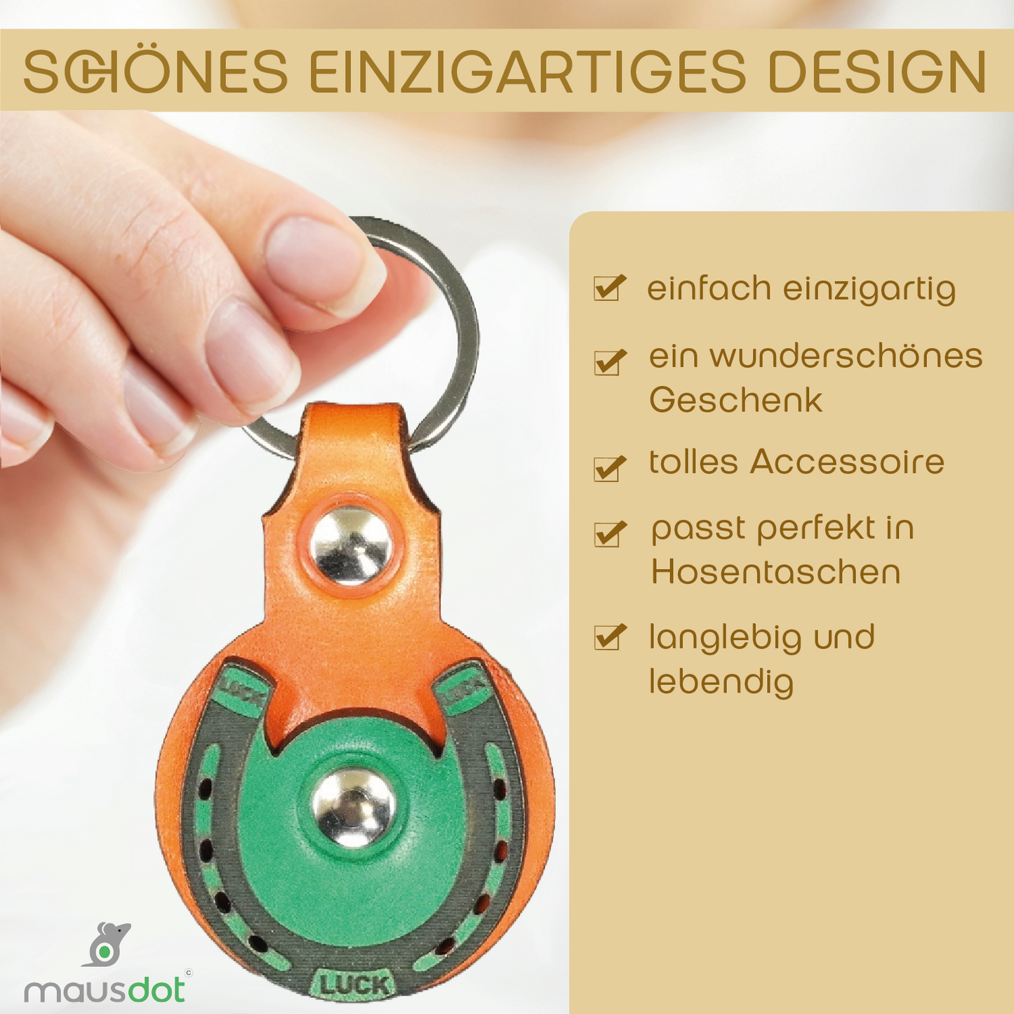 Schlüsselanhänger Leder - Hufeisen (orange grün)