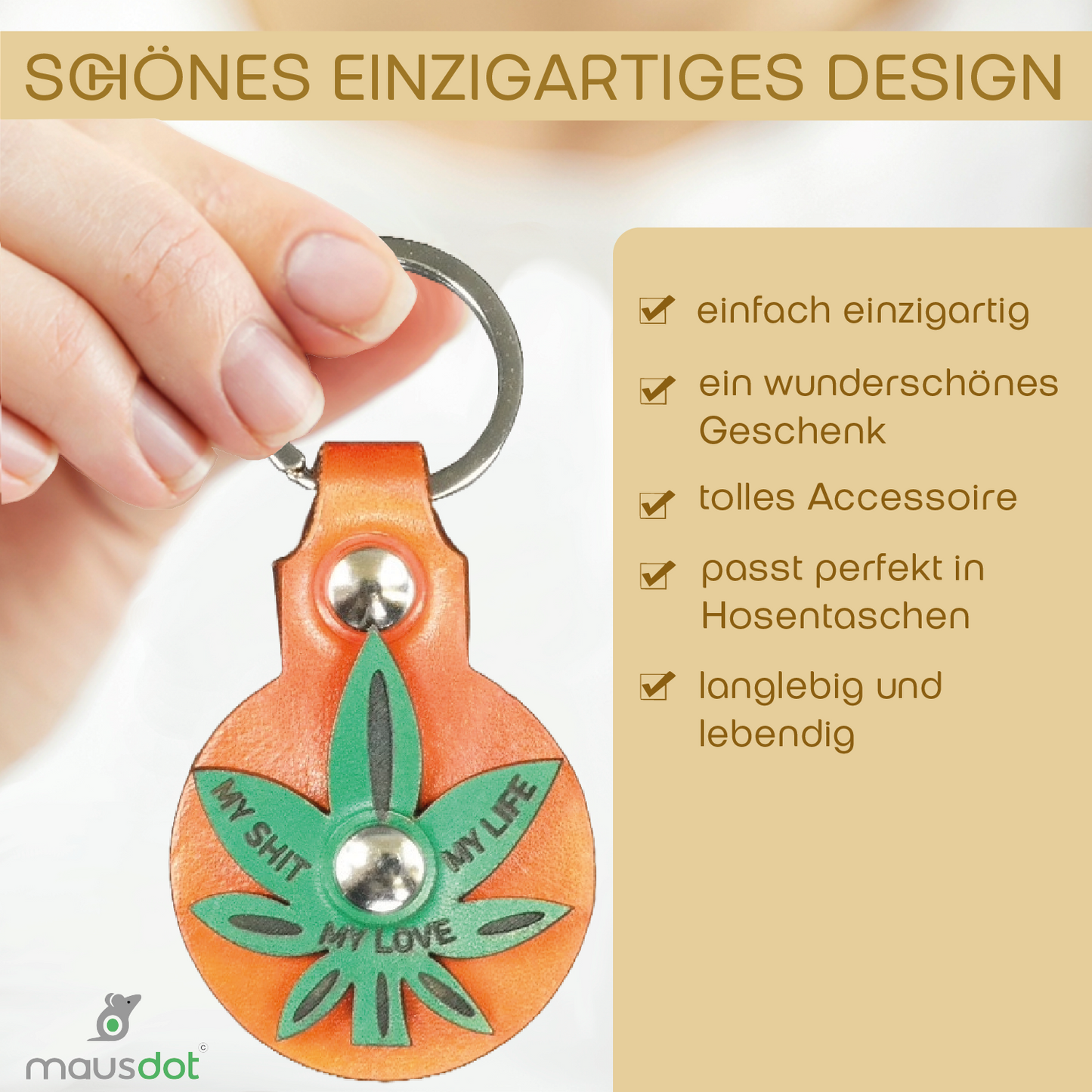 Schlüsselanhänger Leder - Cannabis (orange grün)