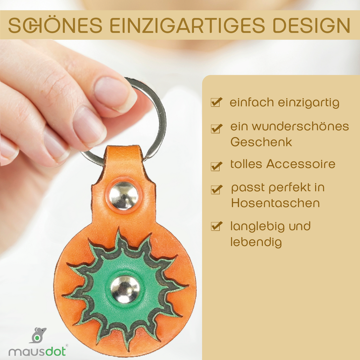 Schlüsselanhänger Leder - Sonne (orange grün)