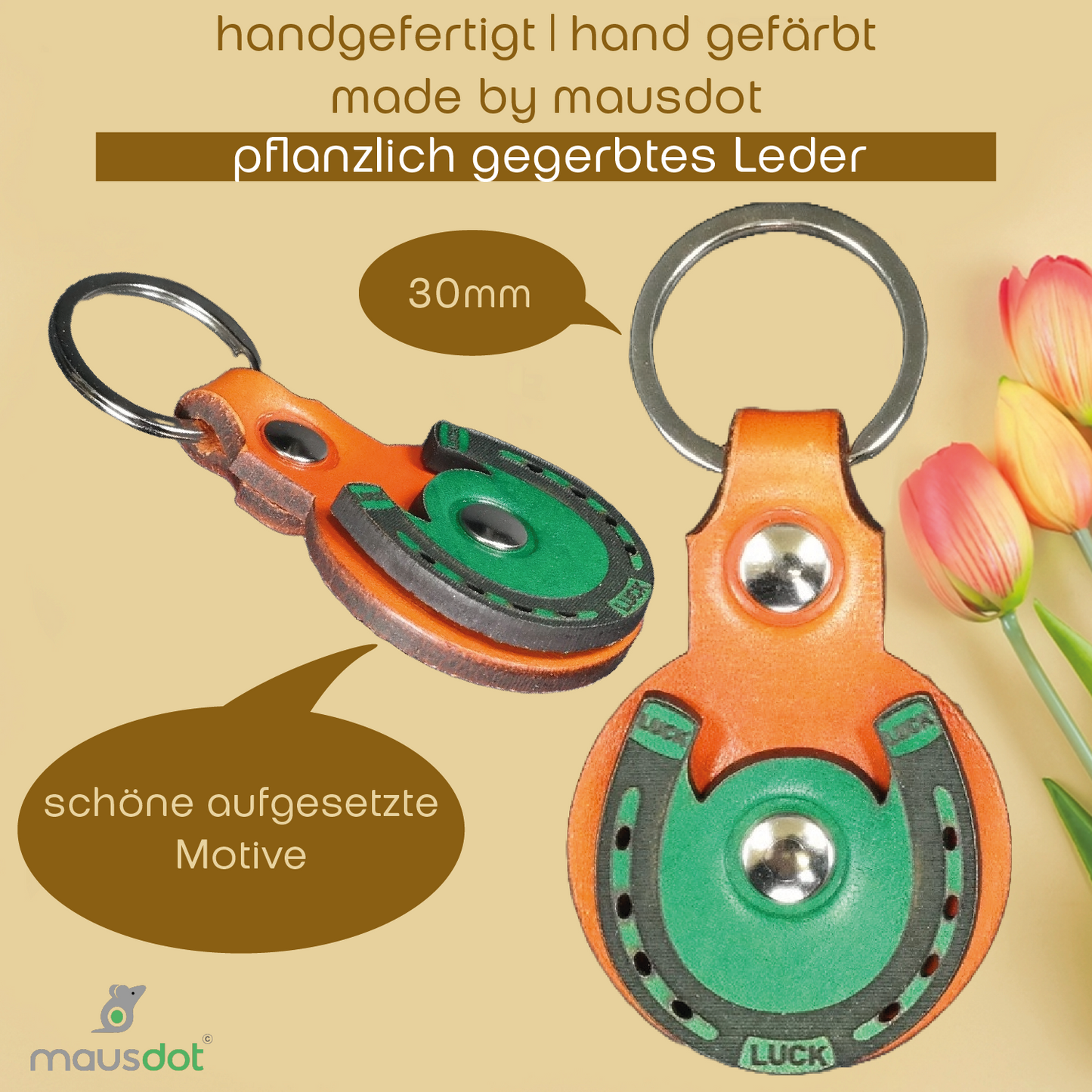 Schlüsselanhänger Leder - Hufeisen (orange grün)