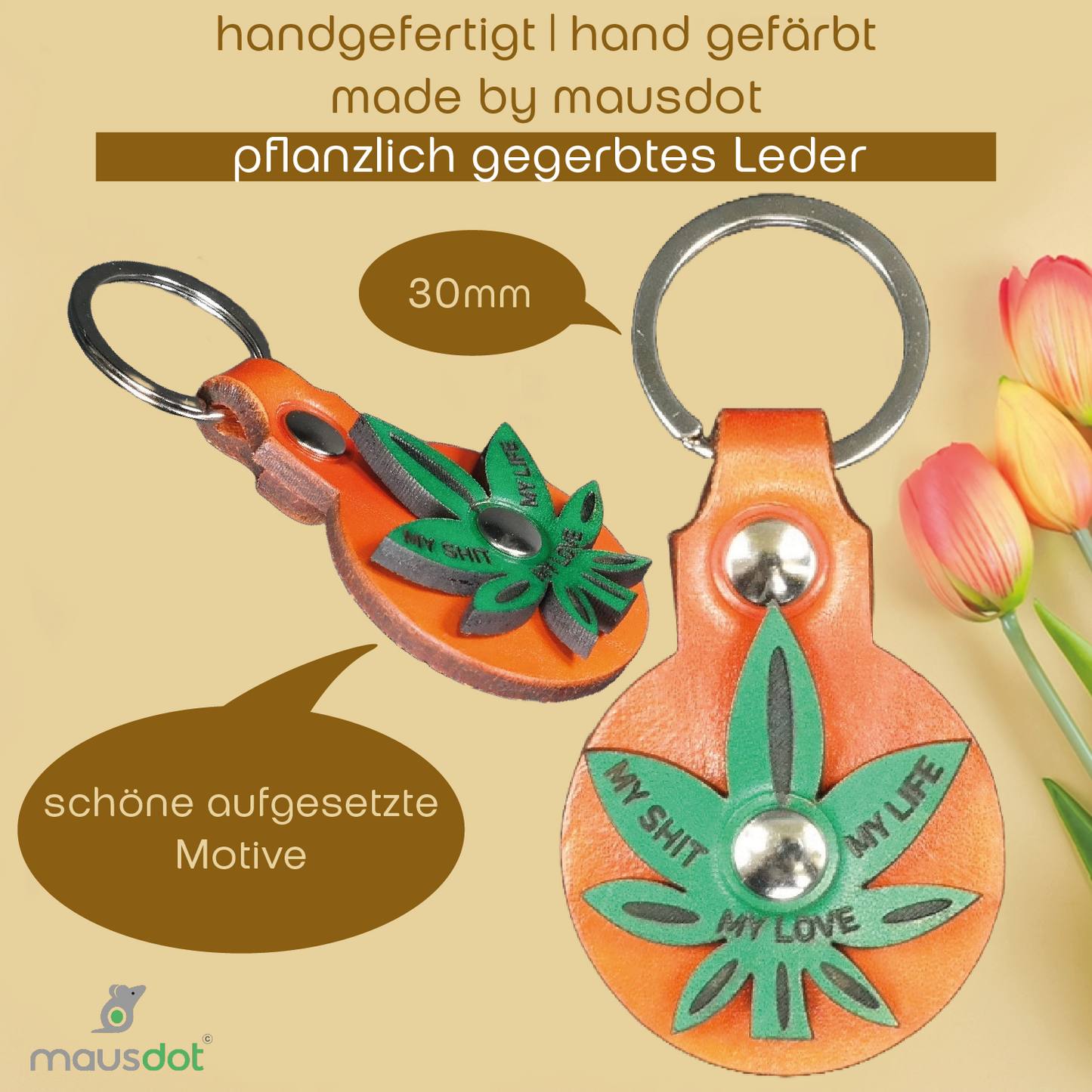 Schlüsselanhänger Leder - Cannabis (orange grün)